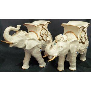 Lenox JEWELED ELEPHANTS 2 taper candle holders candlesticks cream porcelain 5"hi